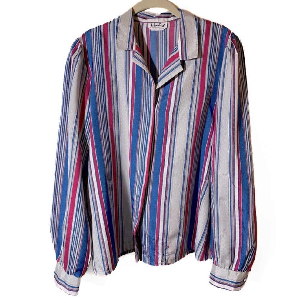 Vintage 80s Silky Striped Secretary Button Up Long Sleeve Blouse Top Shirt
